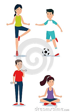 set of girls and boys practice sports Cartoon Illustration