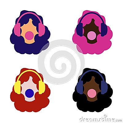 Set of girls of different colors. Colorful hair. Headphones and music. Young and bold. Chewing gum Stock Photo