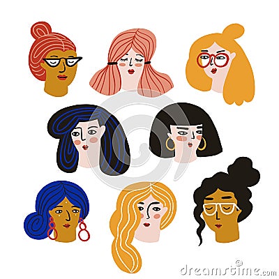 Set of girls of different nationalities. Cute portraits of women isolated on the white background. Collection of avatars Vector Illustration