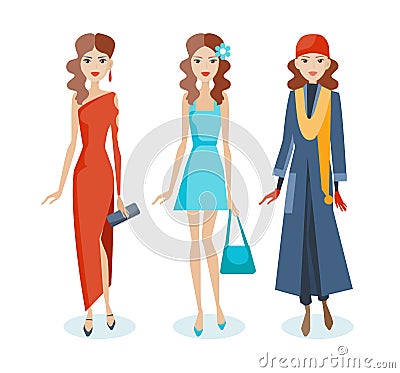 Set of girls in dresses, sarafans, autumn clothes, with accessories. Vector Illustration