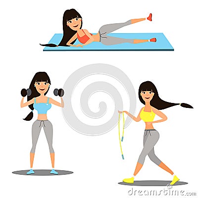 Set of girls engaged in sporting activities , yoga , fitness . Vector Cartoon Illustration