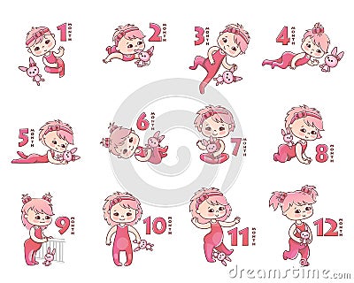 Set of girls. Growth stages from 1 month to 1 year. Little baby girl with pink bow and toy bunny. Stages of child Vector Illustration