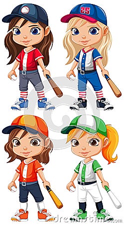 Set of Girls Holding Baseball Bats Vector Illustration