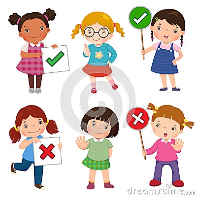 Set of girls holding and doing right and wrong signs Vector Illustration