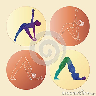 Set of girls sithouettes in yoga poses. Watercolor women shapes and white outline girls in circles on gradient Vector Illustration