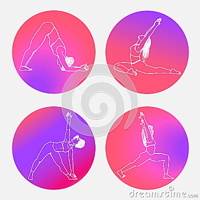 Set of girls sithouettes in yoga poses. White outline women in circles on gradient background. Hand drawn style. Healthy lifestyle Cartoon Illustration