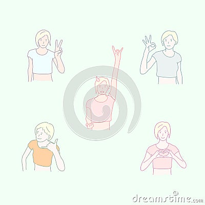 Set of Girls taking various hand gestures. hand drawn style Vector Illustration