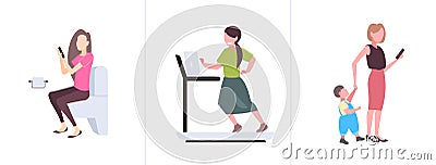 Set girls using gadgets sitting toilet bowl running on treadmill and walking with child different digital addiction Vector Illustration