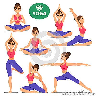Set of girls in various poses of yoga. Woman yoga poses training Vector Illustration