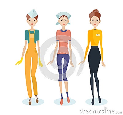 Set of girls in work clothes, personal professional service form. Vector Illustration