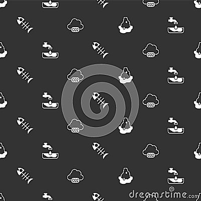 Set Glacier melting, Water problem, Dead fish and CO2 emissions cloud on seamless pattern. Vector Vector Illustration