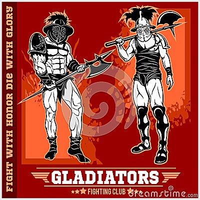Set of gladiators on red background. Vector Illustration