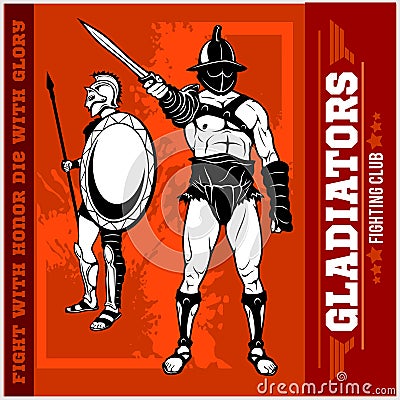 Set of gladiators on red background. Vector Illustration