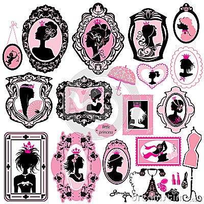 Set of glamour girl portraits - black silhouettes. Vector Illustration