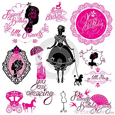 Set of glamour Princess, castle, carriage, black and pink silhou Vector Illustration