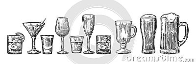 Set glass beer, whiskey, wine, tequila, cognac, champagne, cocktails, grog. Vector Illustration