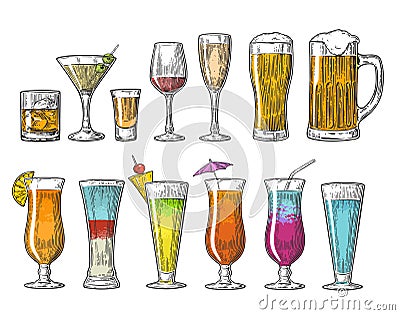 Set glass beer whiskey wine tequila cognac champagne cocktails. Vintage vector engraving illustration for web, poster Vector Illustration