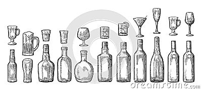 Set glass and bottle beer, whiskey, wine, gin, rum, tequila, champagne, cocktail Vector Illustration