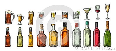 Set glass and bottle beer, whiskey, wine, gin, rum, tequila, cognac, champagne, cocktail, grog. Vector Illustration