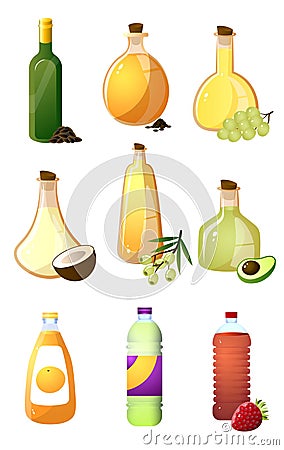 Set of glass bottle of different oil or vinegar for kitchen Vector Illustration