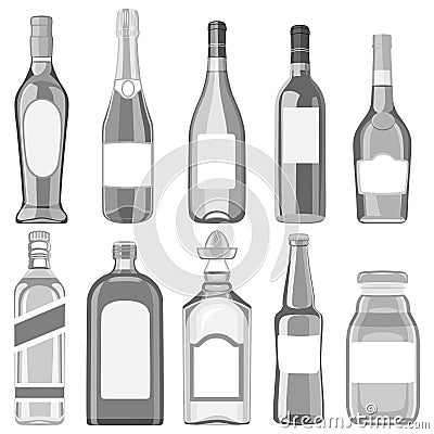 A set of glass bottles with different drinks. Vector Illustration