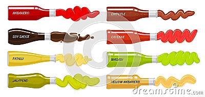 Set of Glass Bottles with Hot Sauces Flat Vector Vector Illustration