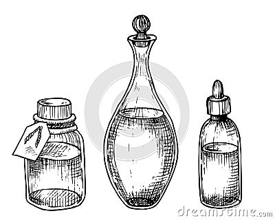 Set of Glass Bottles and transparent Carafe. Hand drawn vector illustration of Decanter and Flacons for Spa or medicine Vector Illustration
