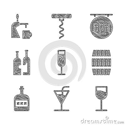 Set Glass of champagne, Cocktail, Wine glass, Wooden barrel, Alcohol drink Rum bottle, Bottles wine, Street signboard Vector Illustration