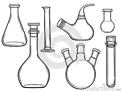 Set of glass laboratory dishes for chemical experiments. Vector Illustration