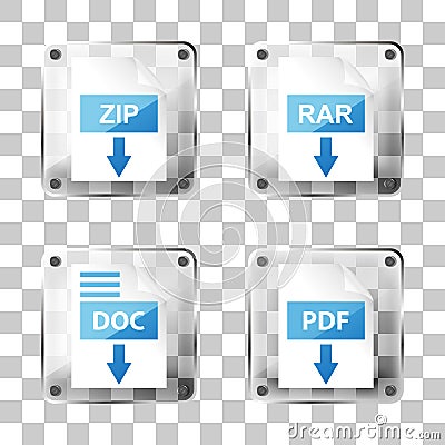 set of glass rar, zip, doc and pdf download icons Vector Illustration