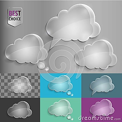 Set of glass speech bubble cloud icons with shadow on gradient background . Vector illustration EPS 10 for web. Vector Illustration