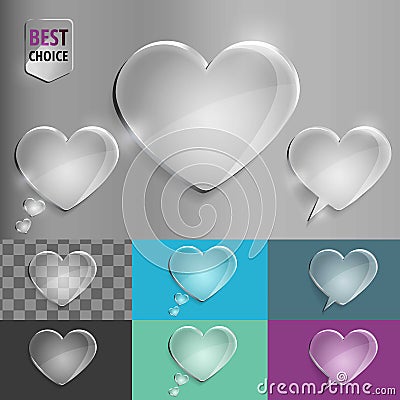 Set of glass speech bubble heart icons with soft shadow on gradient background . Vector illustration EPS 10 for web. Vector Illustration