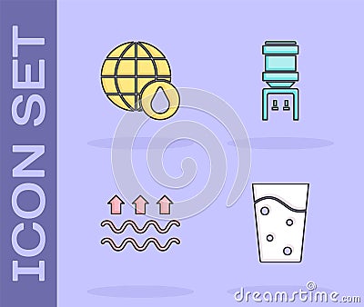 Set Glass with water, Earth planet in drop, Waves of and evaporation and Water cooler icon. Vector Vector Illustration