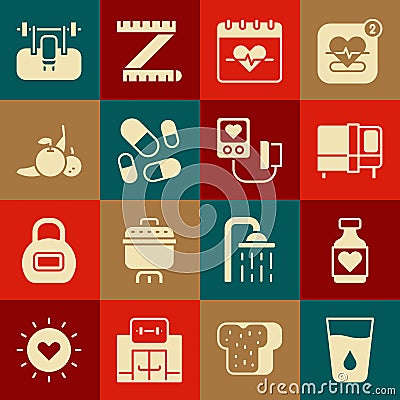 Set Glass with water, Vitamin pill, Bed, Heart rate, Fruit, Bench barbel and Blood pressure icon. Vector Vector Illustration