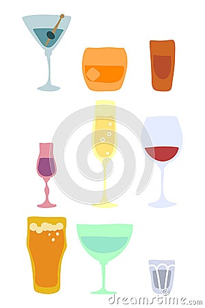 Set of glasses of alcohol. Martini whiskey rum liquor champagne red wine beer vermouth vodka. Hand draw cartoon illustration. Vector Illustration