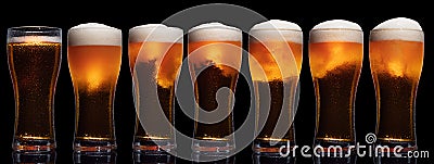 Set of Glasses of Beer Isolated on Black Background. Stock Photo