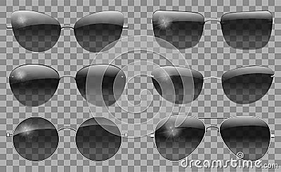 Set glasses different shape. teashades round futuristic narrow Police drops aviator trapezoid butterfly ,cat eye. Stock Photo