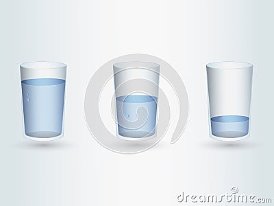 A set of glasses with different water levels on light blue background Vector Illustration