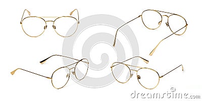 Set glasses gold metal material business style transparent isolated on white background. Collection fashion office eye glasses Stock Photo