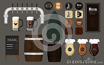 A set of glasses, mugs and barrels of beer. Vector illustration of beer coasters under the glasses menu for beer bar tap Vector Illustration
