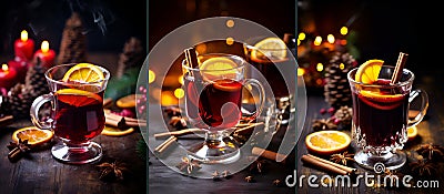 Set of glasses of mulled wine on wooden background, festive drinks. Warming drink. Glasses of hot red wine cocktail with spices, Stock Photo