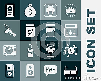 Set Glasses, Stacks paper money cash, Drum machine music, Rapper, Evidence bag with bullet, Submachine gun, CD disk Vector Illustration