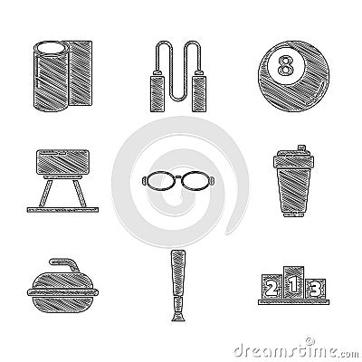 Set Glasses for swimming, Baseball bat, Award over sports winner podium, Fitness shaker, Stone curling game, Pommel Stock Photo