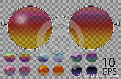 Set glasses.teashades round shape.transparent different color .rainbow chameleon pink blue purple yellow red green orange b Vector Illustration