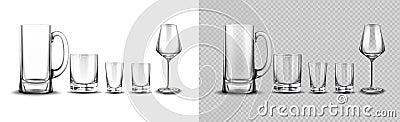 Set of glasses for tequila, whisky, beer and wine Vector Illustration