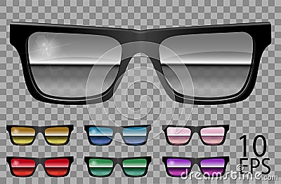 Set glasses.trapezoid shape.transparent different color .purple red blue specular pink mirror golden green.sunglasses.3d Stock Photo