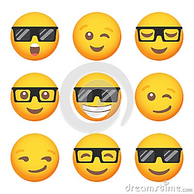 Set of glasses and wink emoticon smile icons. Cartoon emoji set. Vector emoticon set Vector Illustration