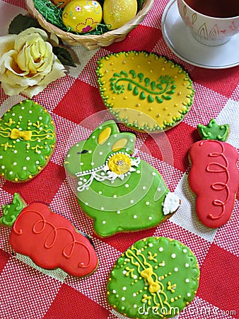 Set of glazed cookies handpainted as Easter traditional eggs and Stock Photo