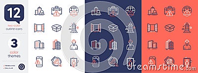 Set of Global engineering, Warning message and Elevator line icons. For design. Vector Stock Photo