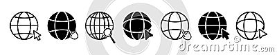 Set of globe with cursor vector icons. Web globe with pointer, finger, mouse and magnifying glass. Stock Photo